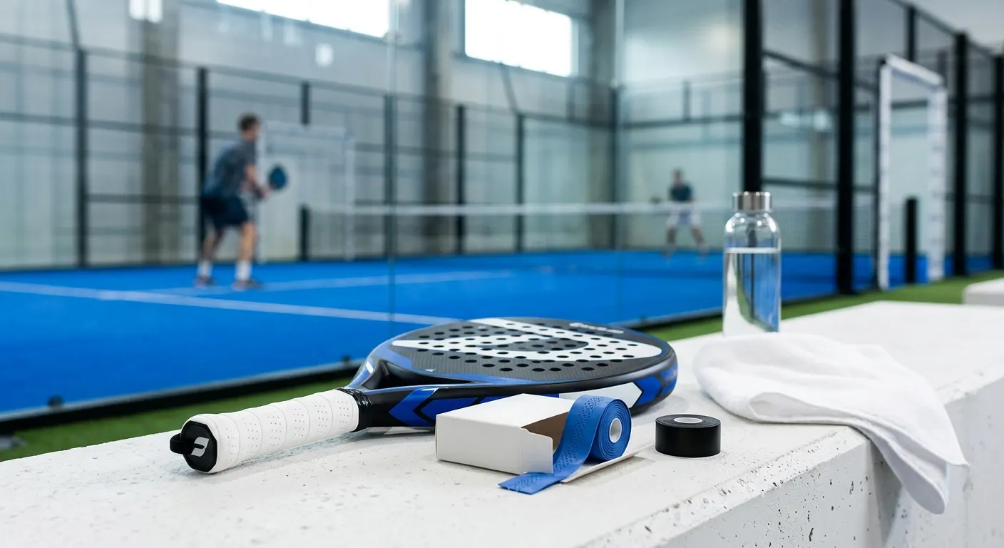 Close-up of a padel racket handle with a white dry-feel overgrip being wrapped in neat overlapping turns, blue court surface visible softly out of focus behind